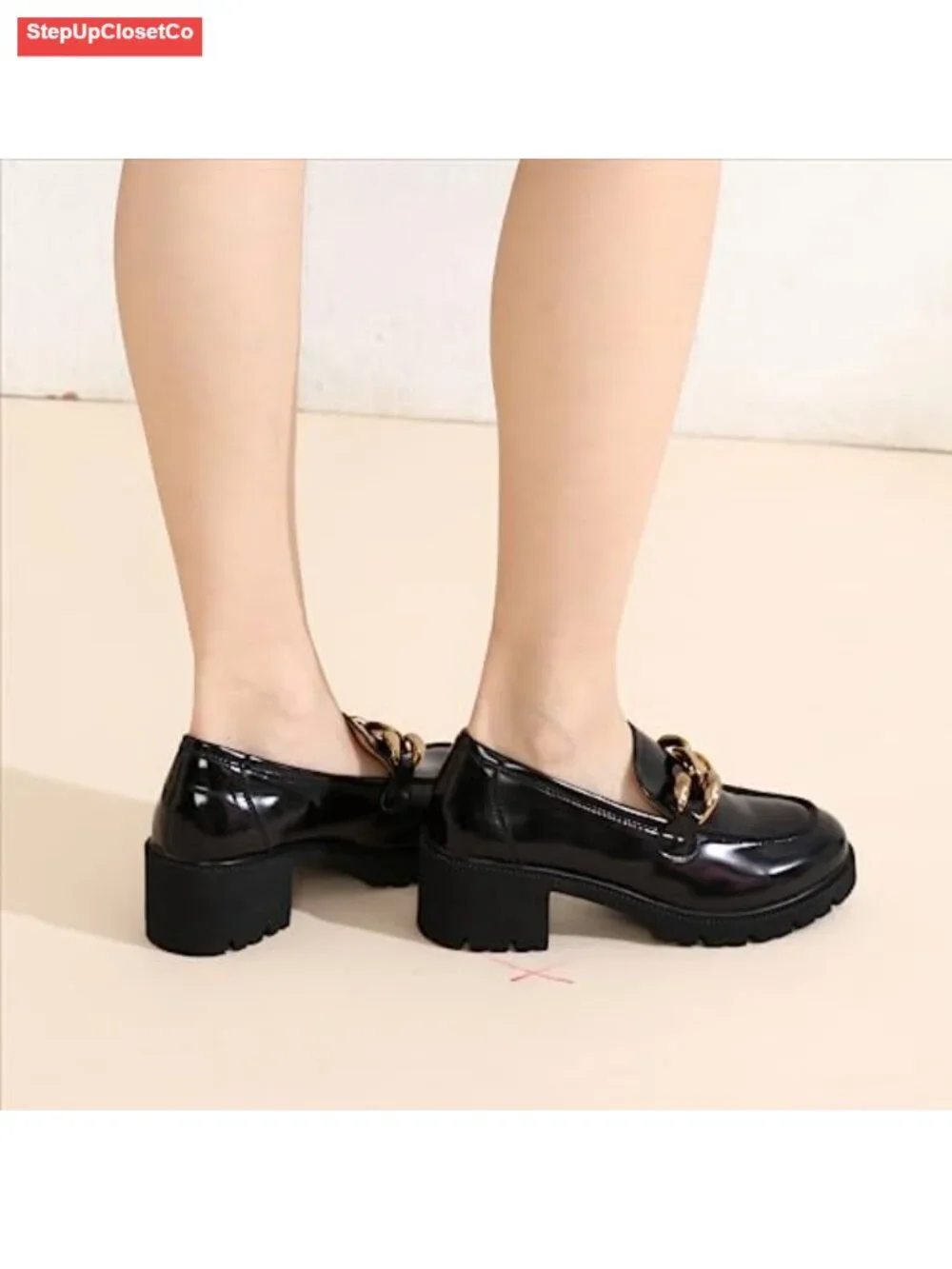 Chunky Platform Loafers Women Comfort Slip-on Faux Leather with Chain